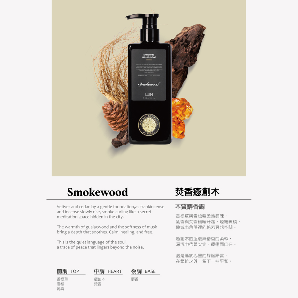 嵐 LEN - 焚香癒創木 外泌體 香氛沐浴露（全方位液態皂 / Smokewood / IFRA認證香精精油）