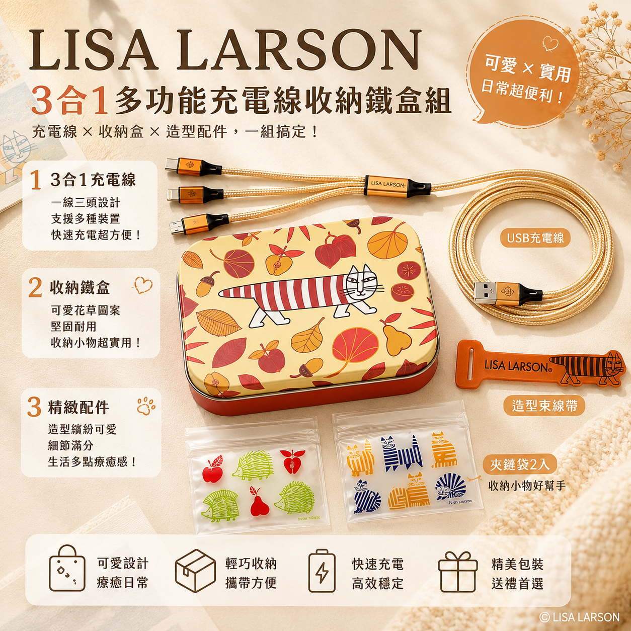 【預購】JM080706  Lisa Larson 3合1多功能充電線收納鐵盒組