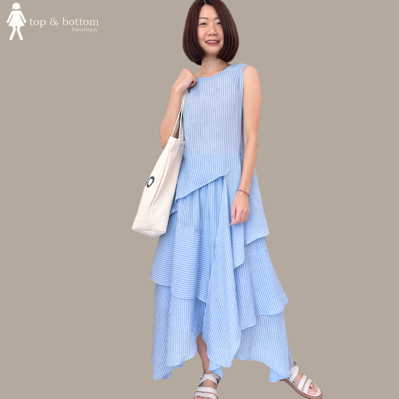 SHEER STRIPED ASYMMETRIC BLOUSE & MIDI SKIRT SET SUIT (2PCS)