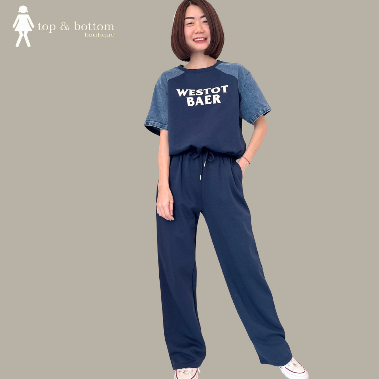 DENIM DETAILED BLOUSE & PANT SET SUIT (2PCS)