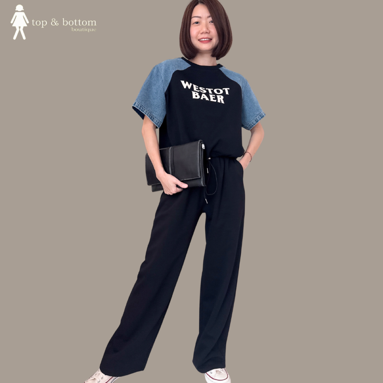 DENIM DETAILED BLOUSE & PANT SET SUIT (2PCS)