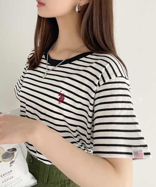 【OWN】U.S POLO 短袖 上衣 圓領 刺繡 小LOGO 線條 日本 女款 灰色 條紋 白色 黑色 奶茶 綠色 深藍 淺藍 桃紅 粉色