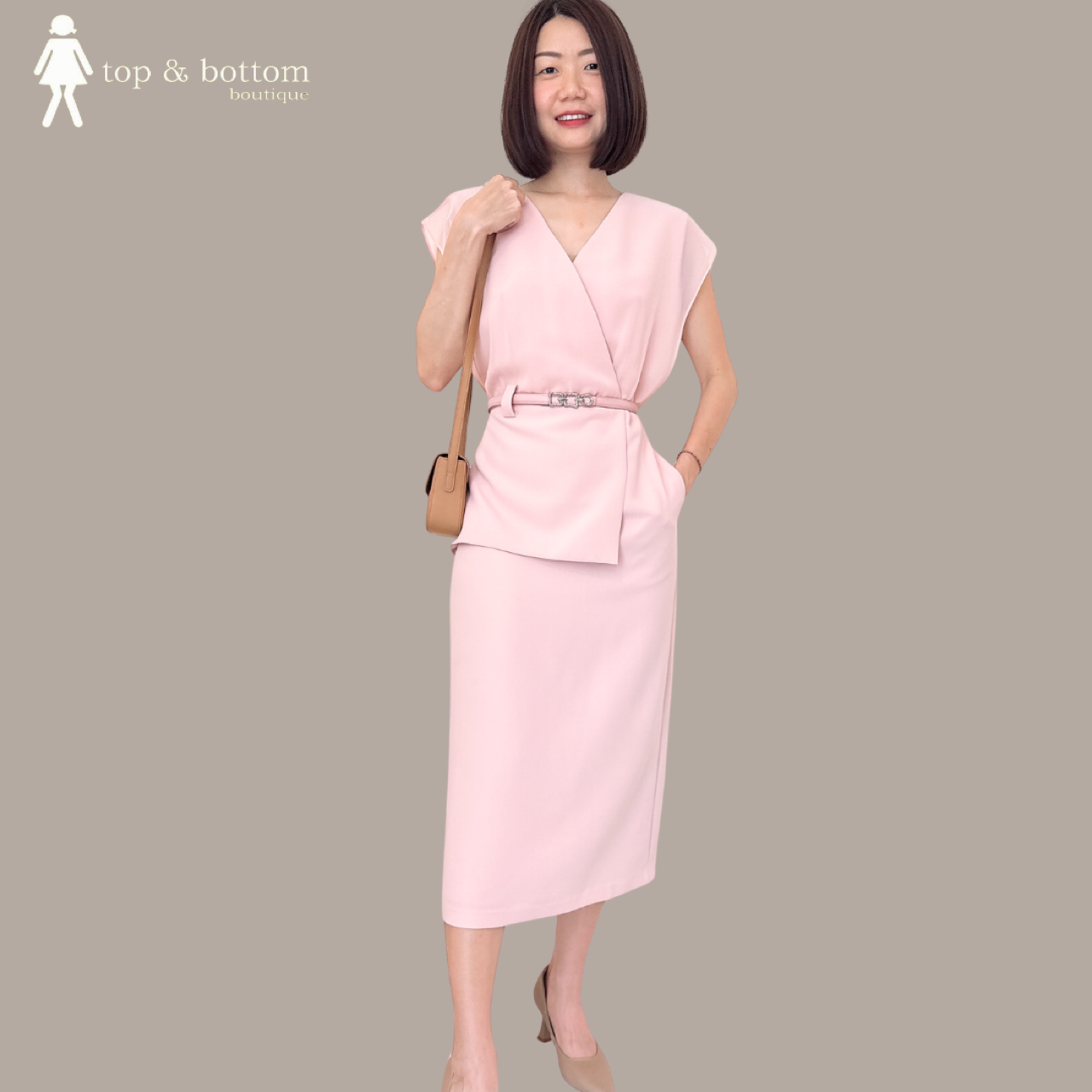 SLEEVELESS CROSS FRONT PEPLUM DRESS WITH BELT