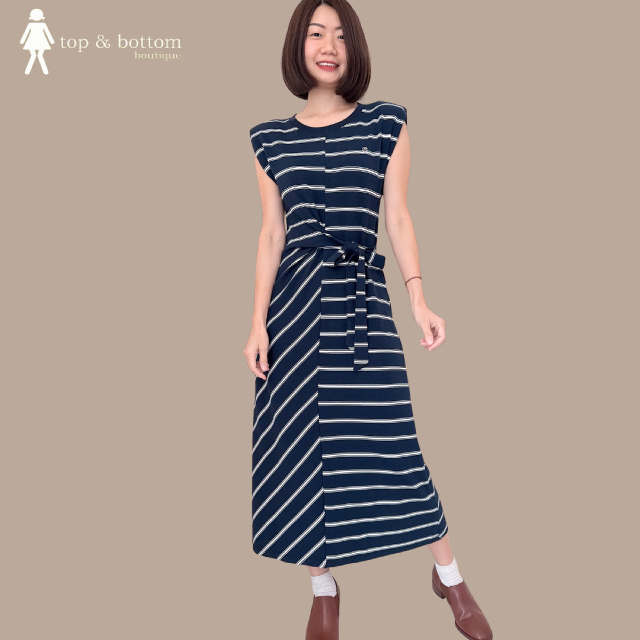 SLEEVELESS STRIPED TEE DRESS WITH TIE RIBBON WAIST