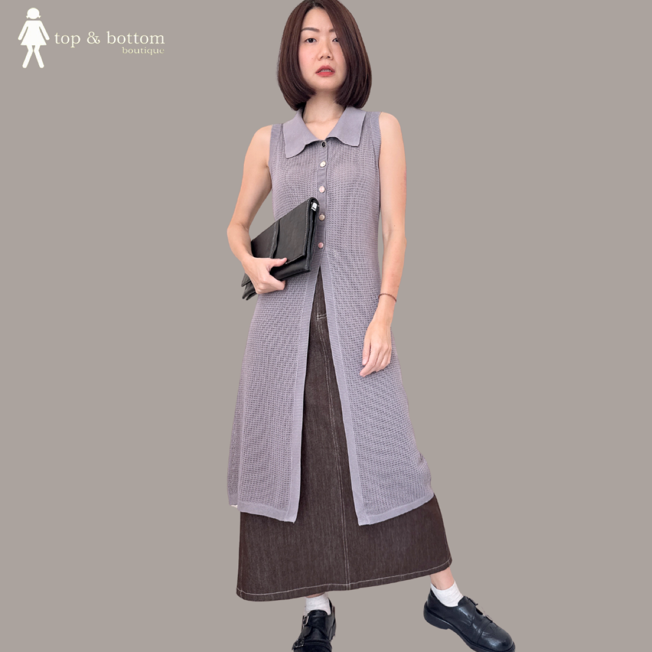 SLEEVELESS COLLARED CROCHET BUTTON DOWN LONG BLOUSE