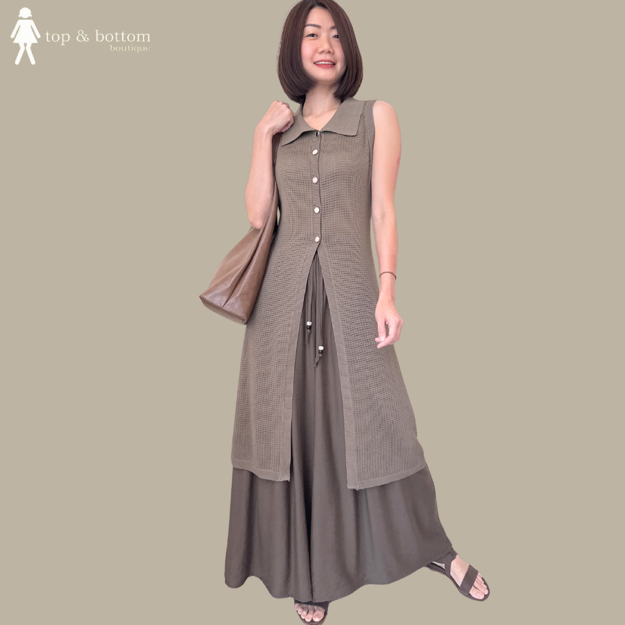 SLEEVELESS COLLARED CROCHET BUTTON DOWN LONG BLOUSE