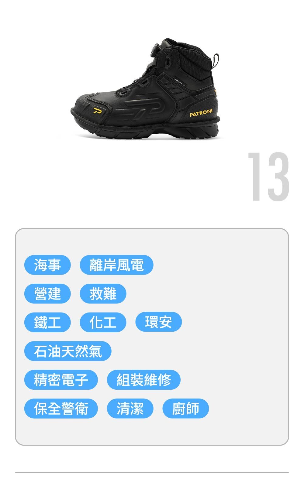 PATRONI SF2307BLK 戰神靴安全鞋推薦海事、離岸風電、營建業、鐵工、救難、精密電子、石油天然氣等行業使用