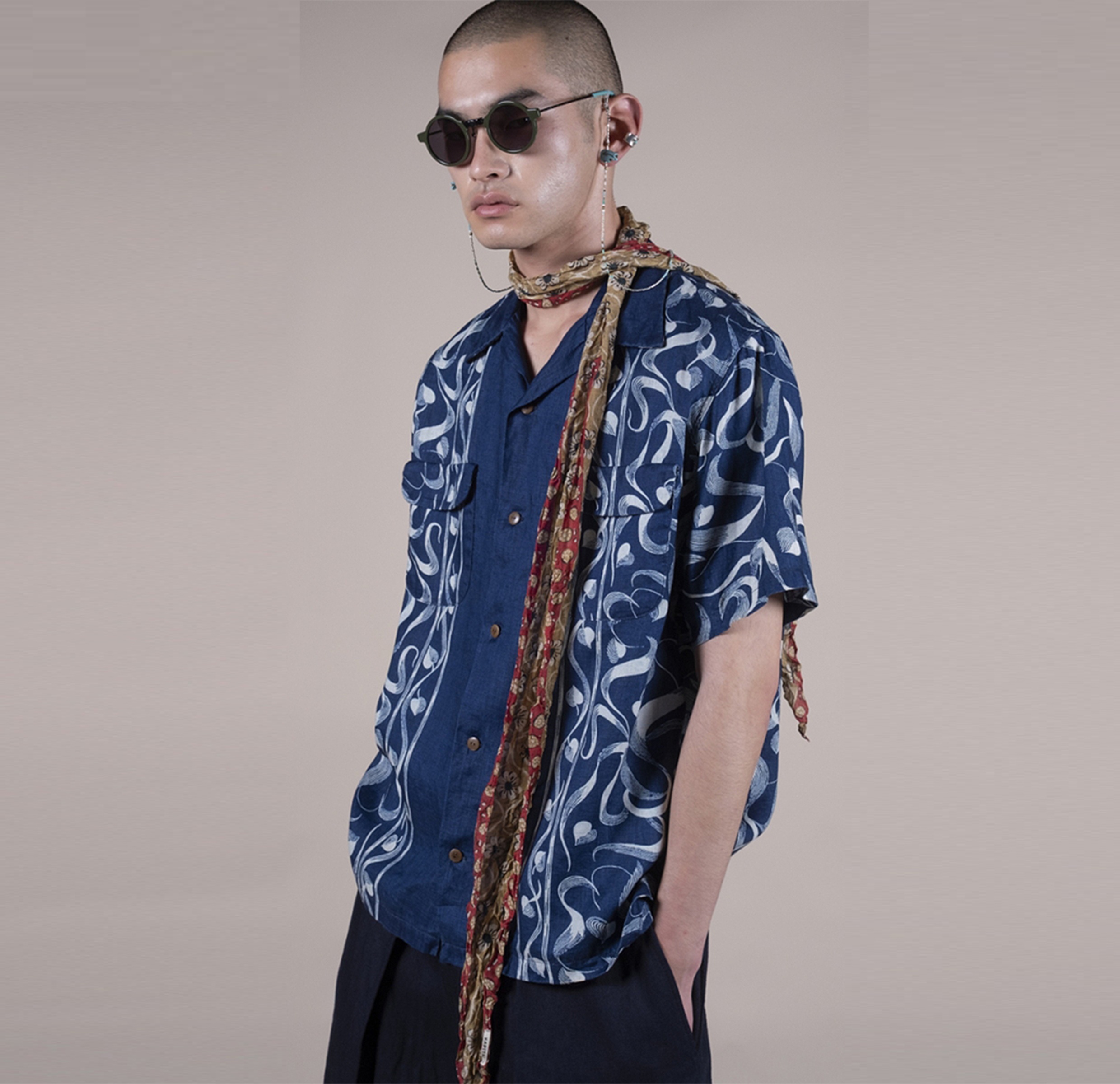KAPITAL 2026 French Cross Linen Discharge Print Okra Pattern Short-Sleeve Open-Collar Shirt - PRE ORDER ITEM (預訂中)