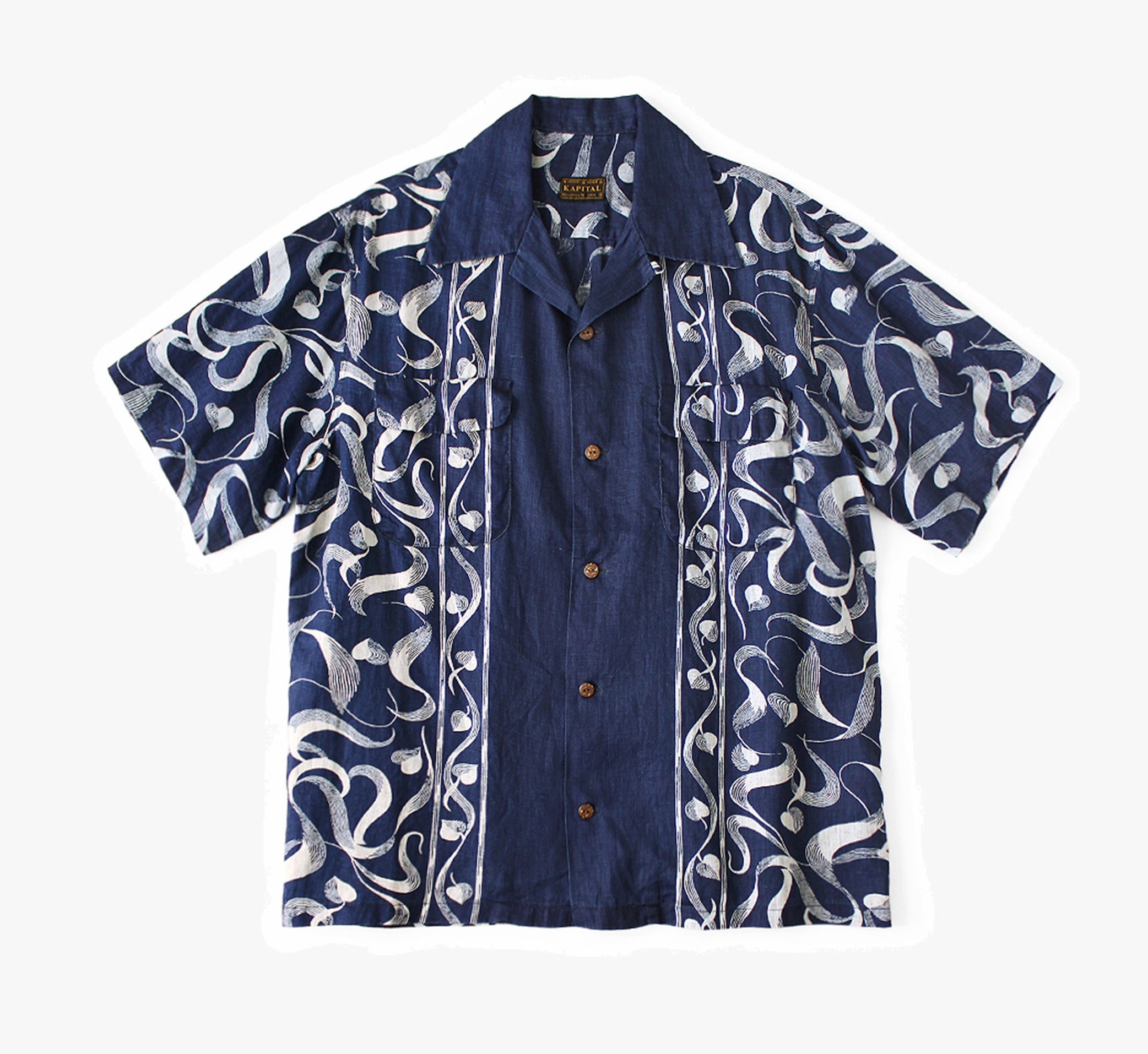KAPITAL 2026 French Cross Linen Discharge Print Okra Pattern Short-Sleeve Open-Collar Shirt - PRE ORDER ITEM (預訂中)