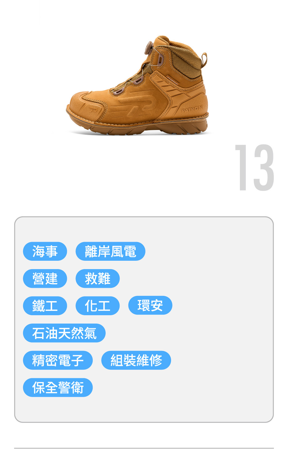 PATRONI SF2307BRN 戰神靴安全鞋推薦海事、離岸風電、營建業、鐵工、救難、精密電子、石油天然氣等行業使用