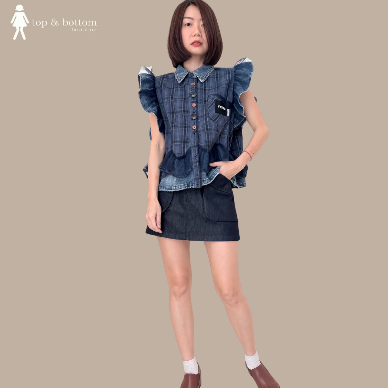 DENIM RUFFLED SLEEVE CHECKED BUTTON BLOUSE WITH LACE SHEER