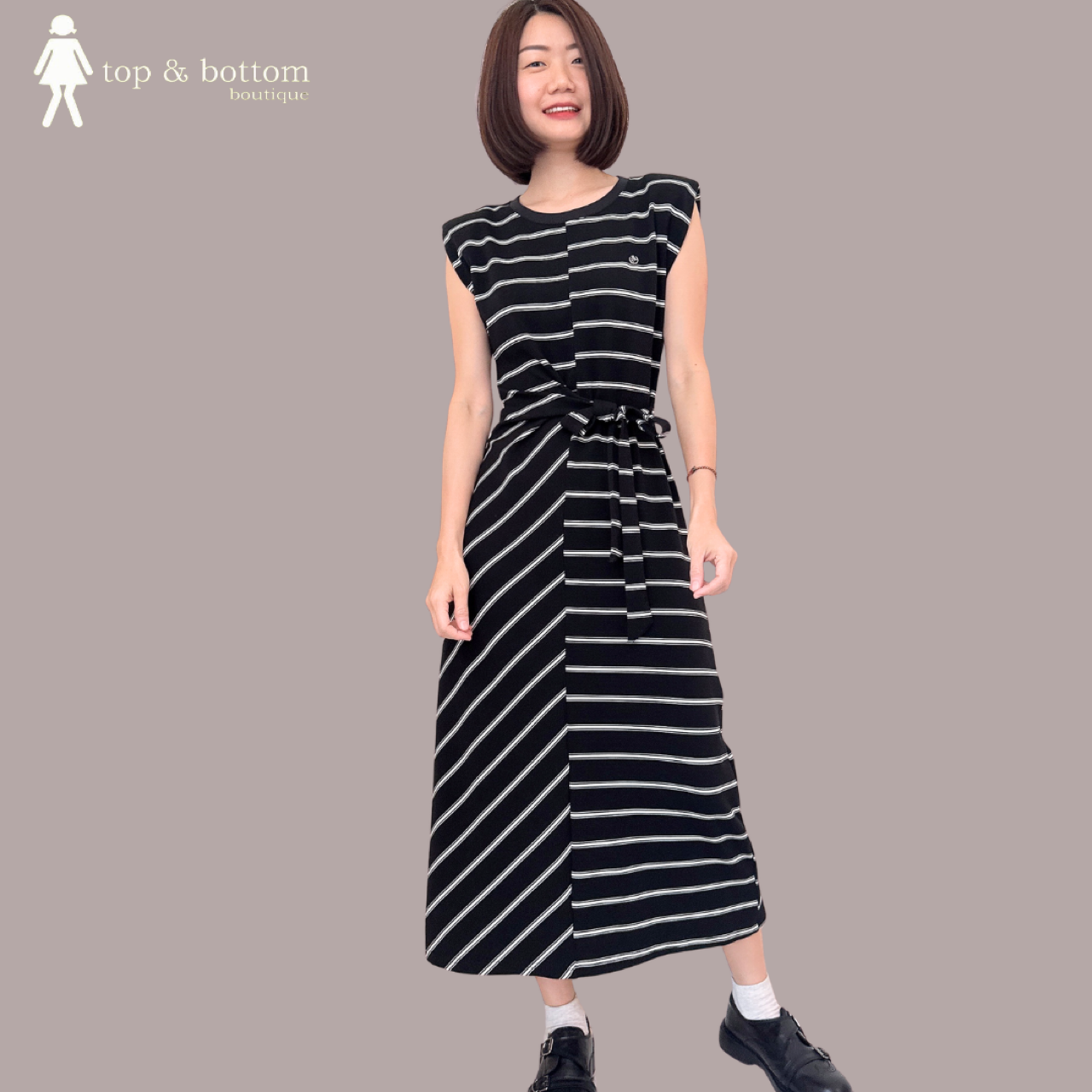 SLEEVELESS STRIPED TEE DRESS WITH TIE RIBBON WAIST