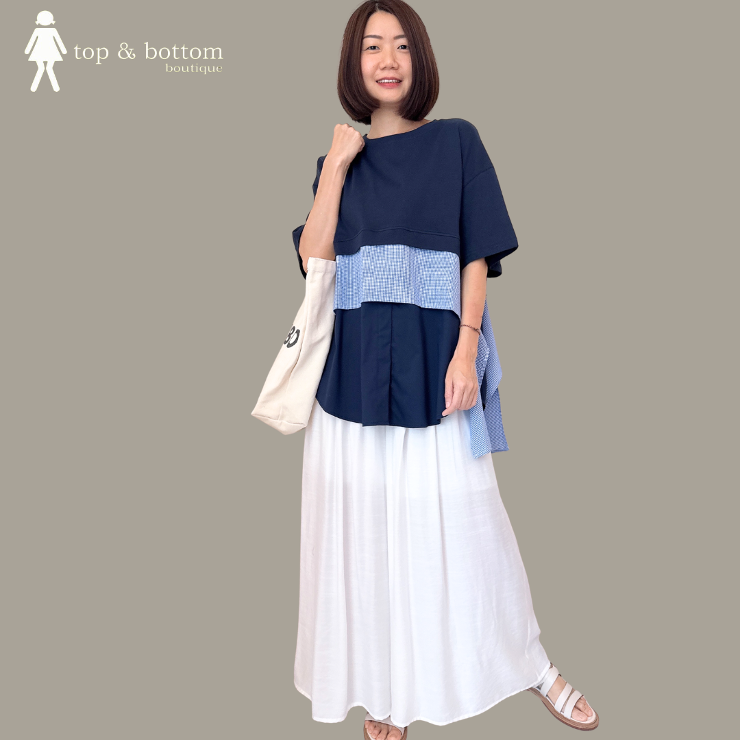 SHORT SLEEVE LONG TEE WITH CHECKED STRIPE