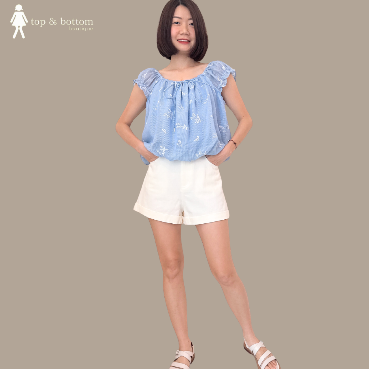 STRAP STRIPED & EMBROIDERY BALLOON BLOUSE