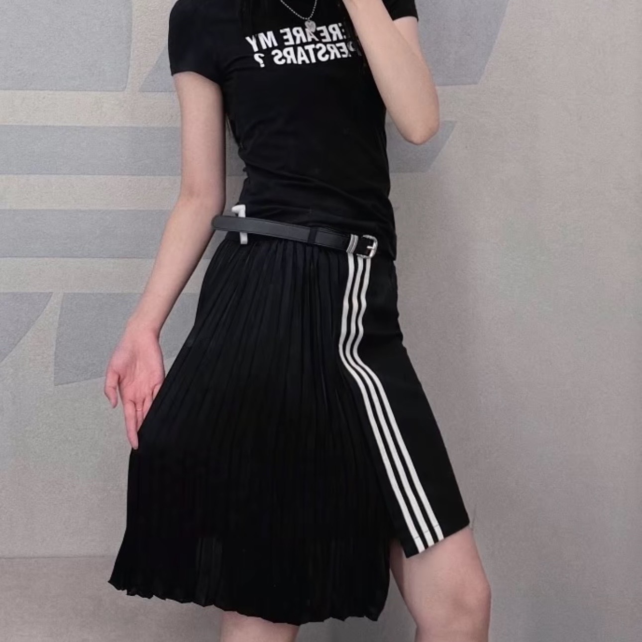 ADIDAS ORIGINALS PLEAT 不對稱 黑色 百褶長裙 網紗拼接 裙子 三葉草 LF2339