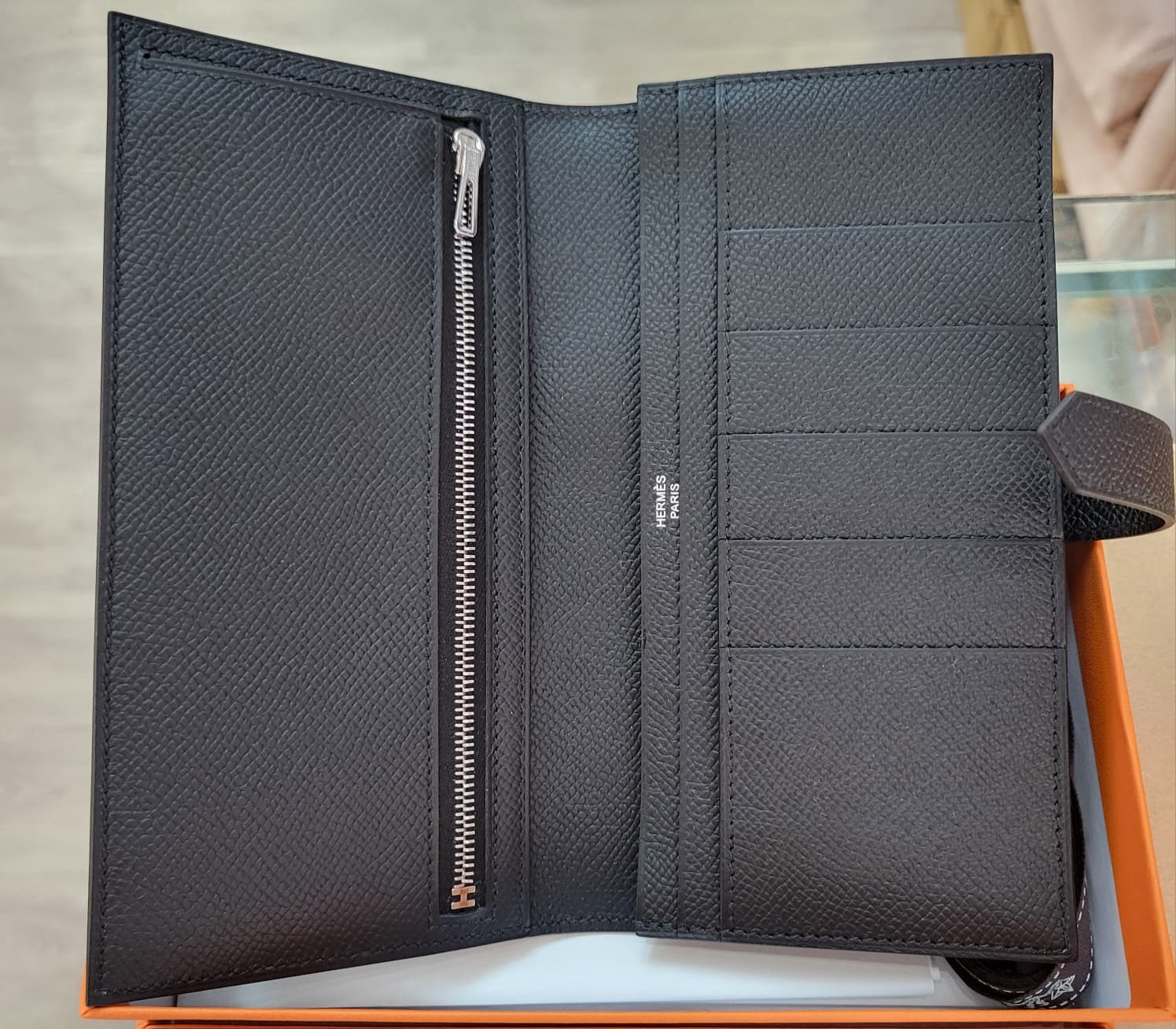 HERMES BEARN WALLET NOIR CK EPSOM 長銀包 黑色 銀扣