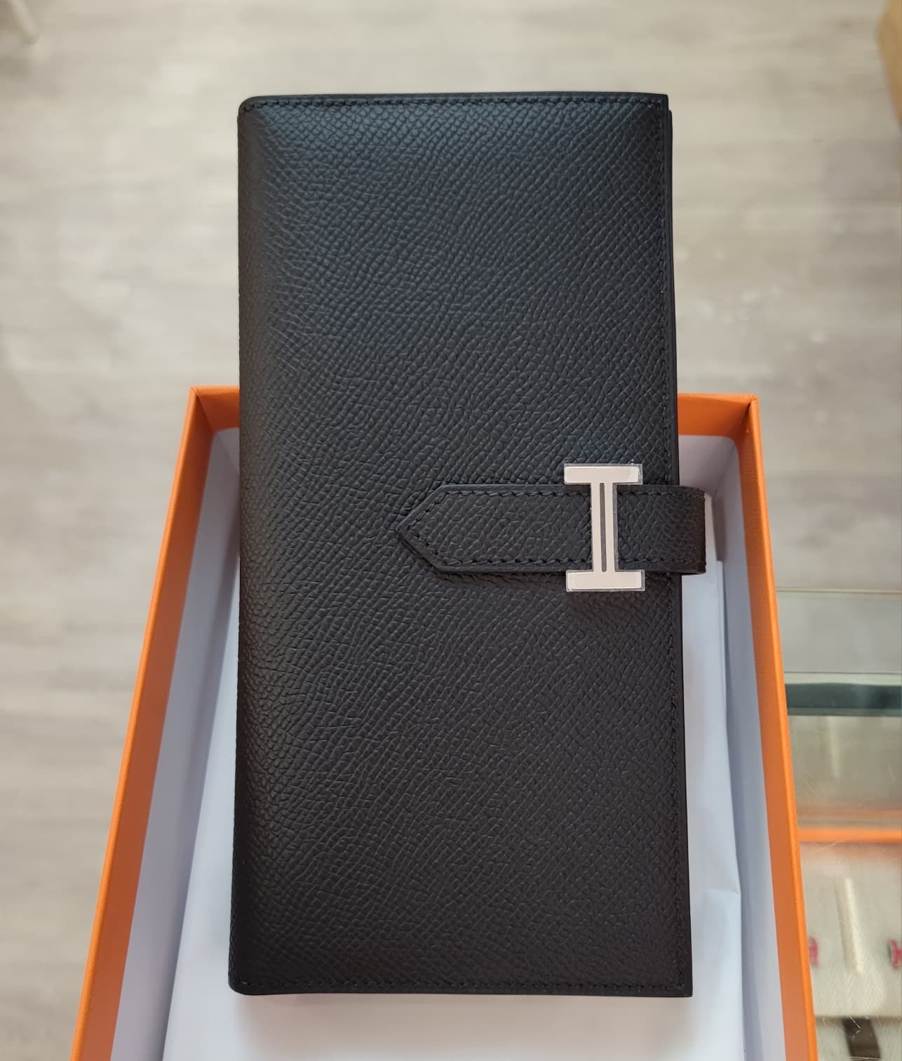 HERMES BEARN WALLET NOIR CK EPSOM 長銀包 黑色 銀扣