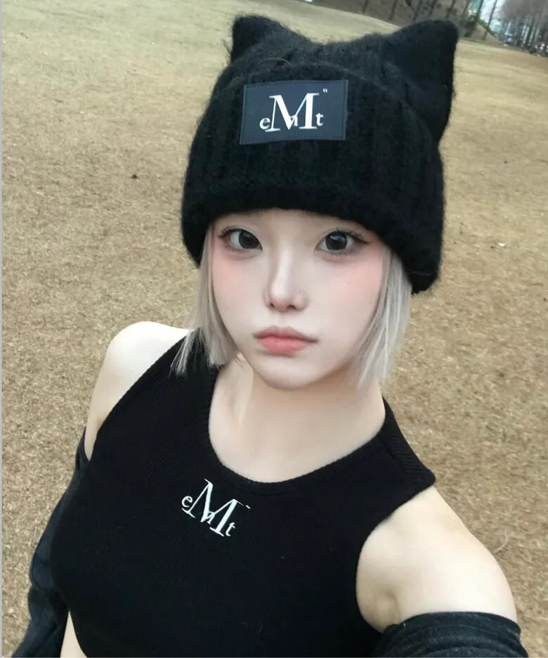 【OWN】Mucent 貓耳帽 針織 皮革貼片 寬鬆 捲邊 百搭 貓咪 新品 黑色 P0000BQG