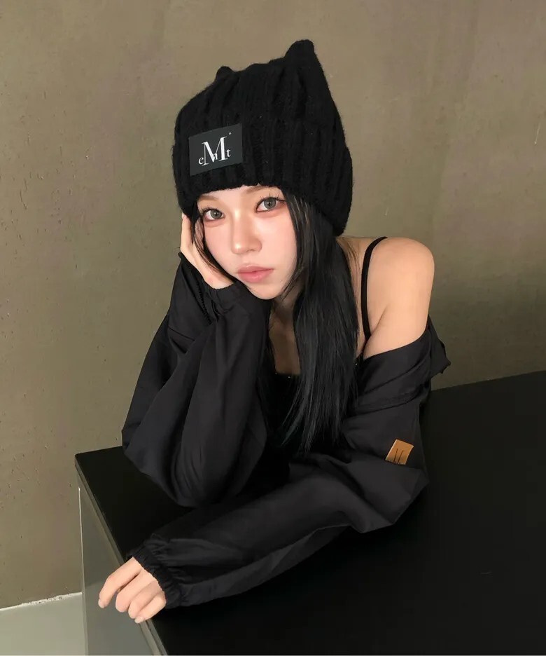 【OWN】Mucent 貓耳帽 針織 皮革貼片 寬鬆 捲邊 百搭 貓咪 新品 黑色 P0000BQG