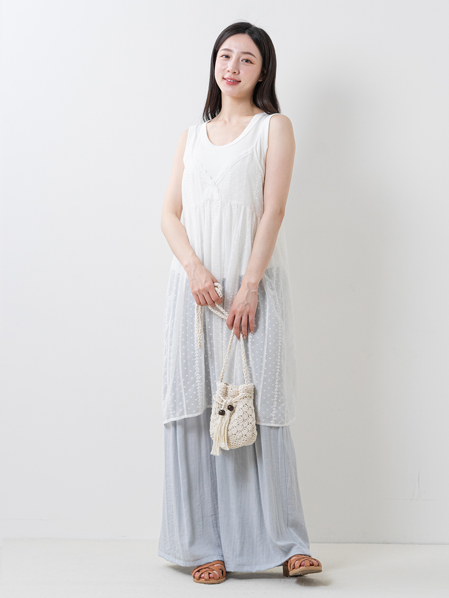 緹花蕾絲背心羅紋內搭背心仿棉麻打褶直筒寬褲組合