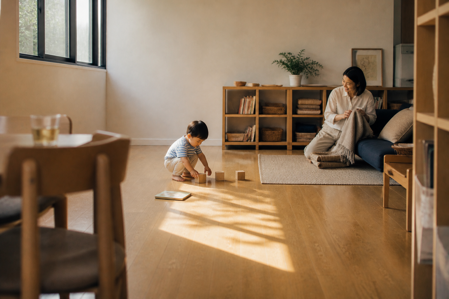 幼兒在客廳地板上玩積木，家長在一旁整理毯子