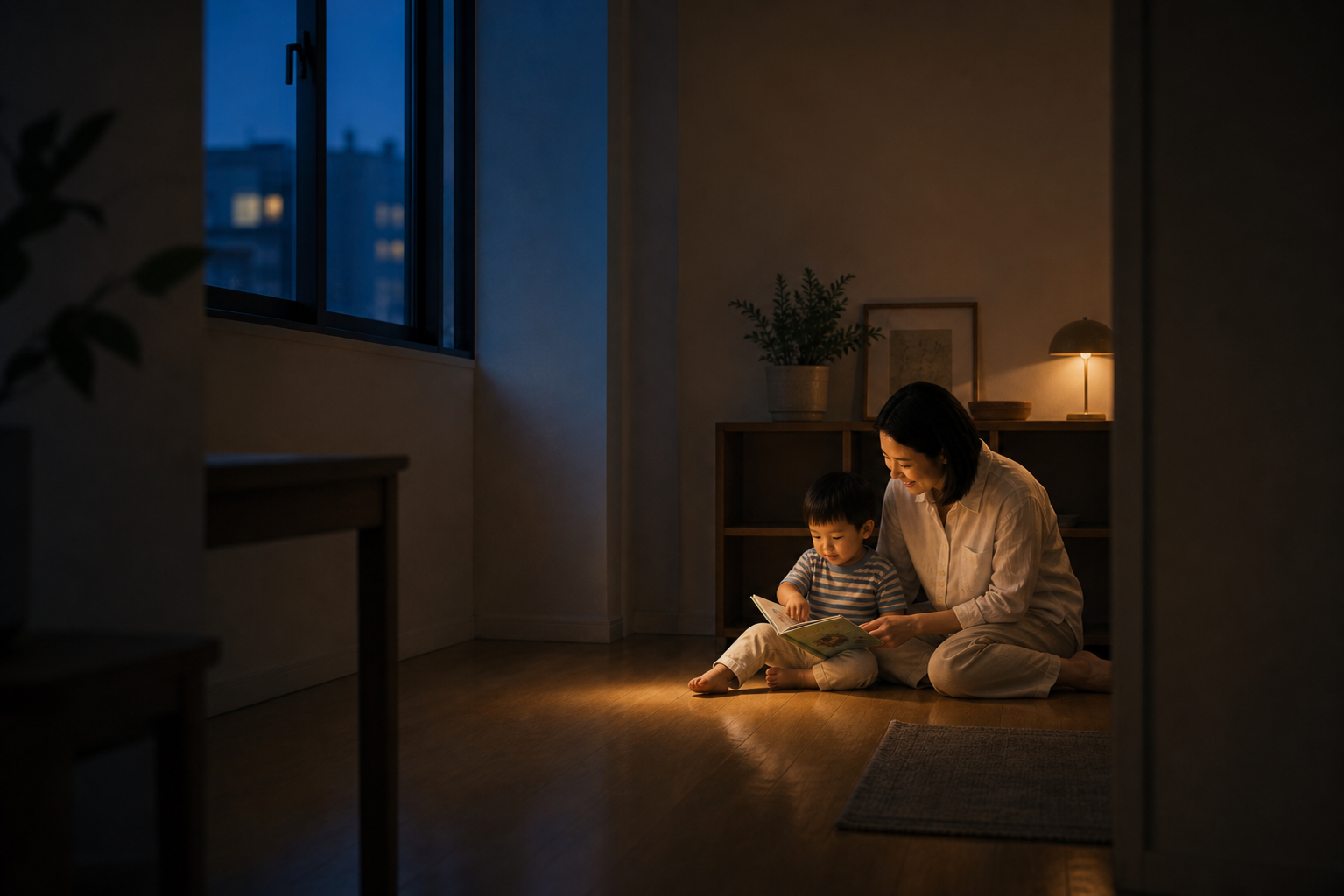 傍晚時家長與幼兒坐在客廳地板上一起閱讀