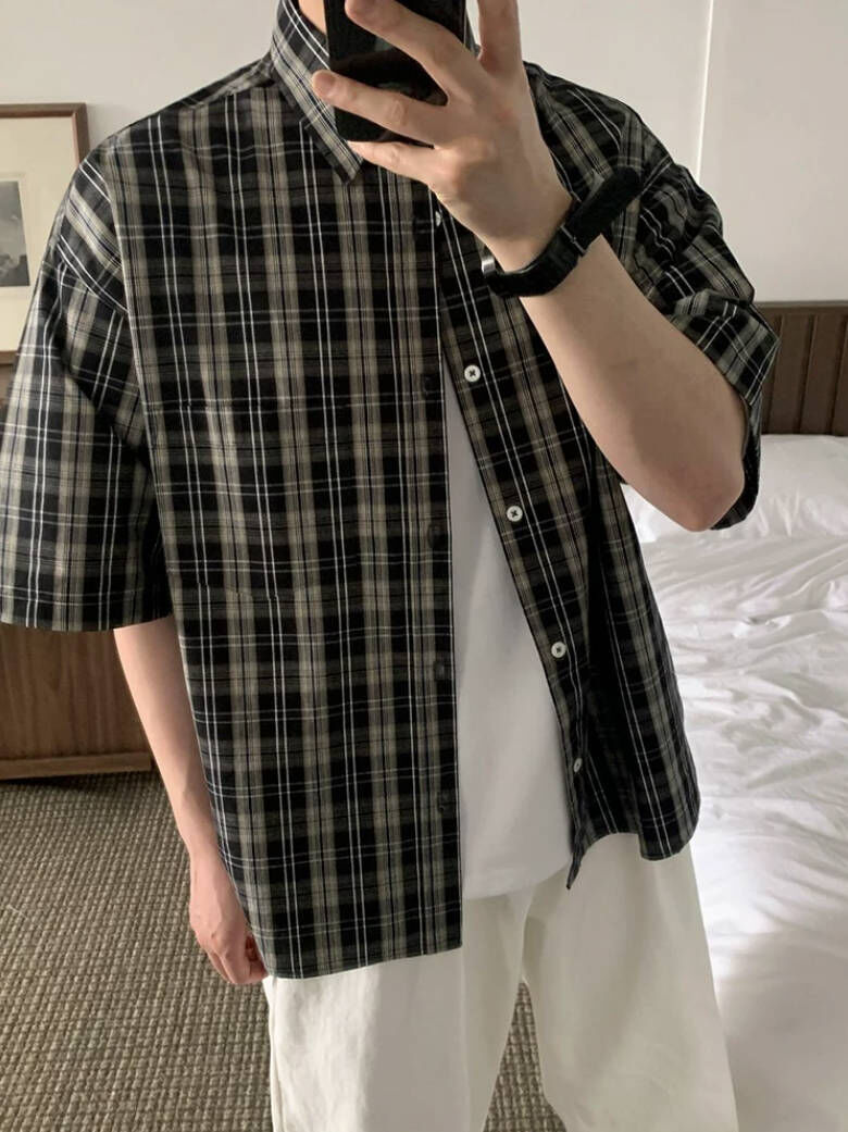夏季日系復古格紋寬鬆襯衫