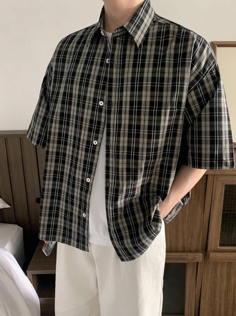 夏季日系復古格紋寬鬆襯衫