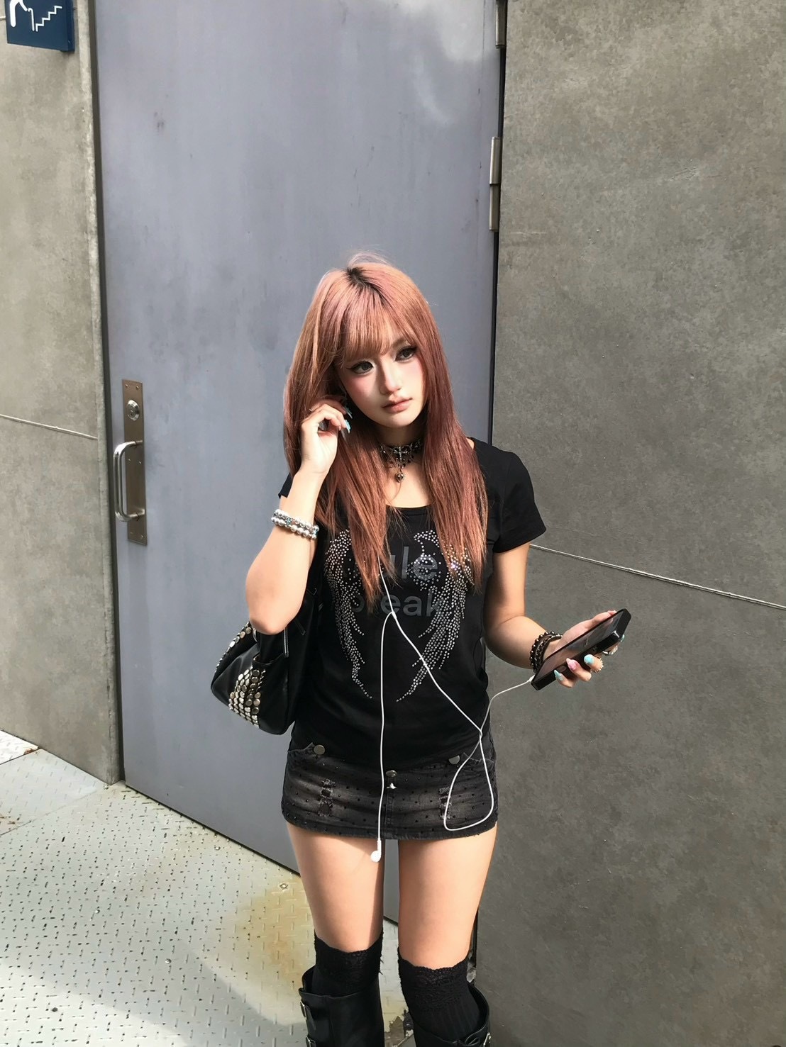 暗黑天使໒꒱翅膀燙鑽印花修身上衣