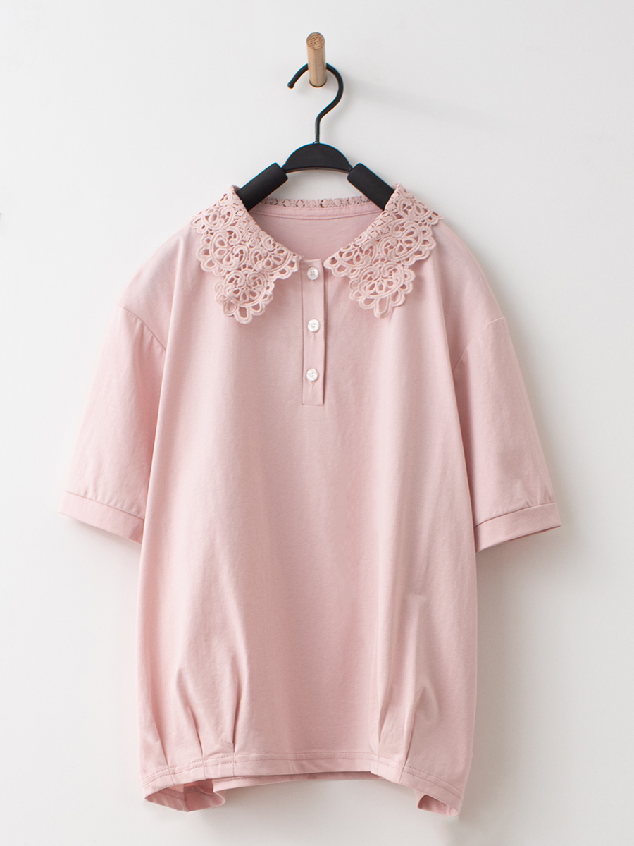 輕甜日常蕾絲翻領抓褶 Polo 衫
