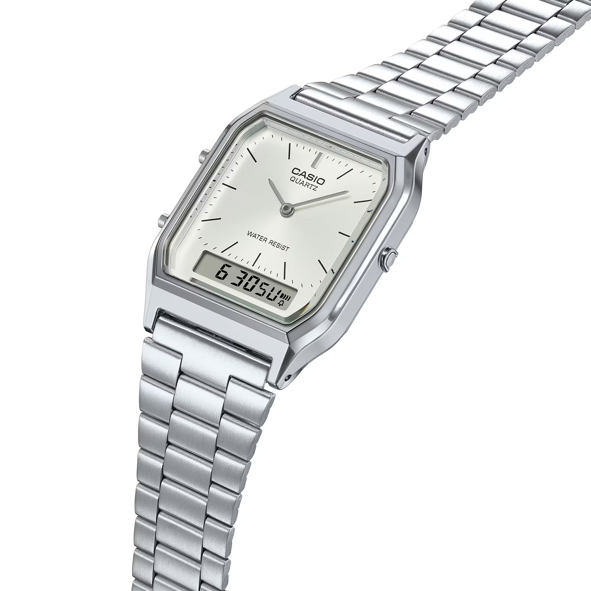 萬年鐘錶 - 卡西歐  CASIO 復古方形兩地時間指針電子錶 AQ-230A-7A 錶徑 29.8MM