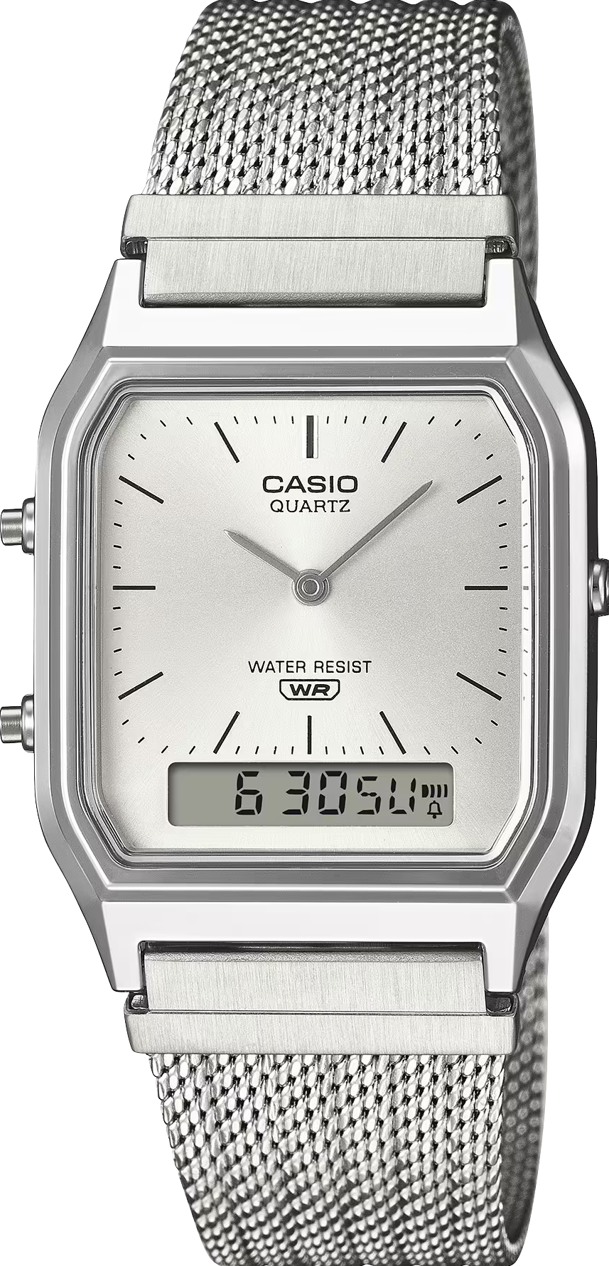 萬年鐘錶 - 卡西歐  CASIO 復古方形兩地時間指針米蘭錶帶電子錶 AQ-230EM-7 錶徑 29.8MM