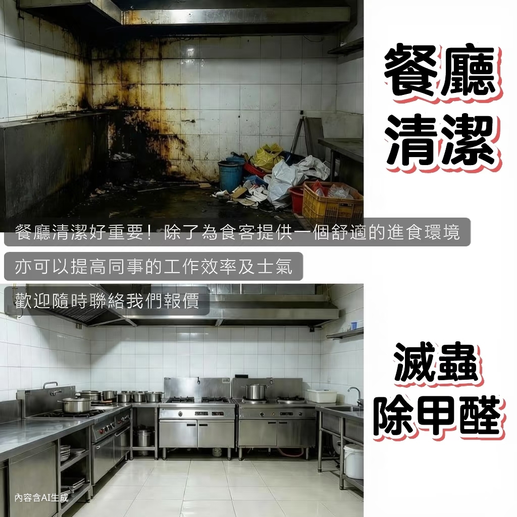 餐廳店舖專業清潔｜廚房去油｜冷氣拆洗｜滅蟲除甲醛｜免費報價