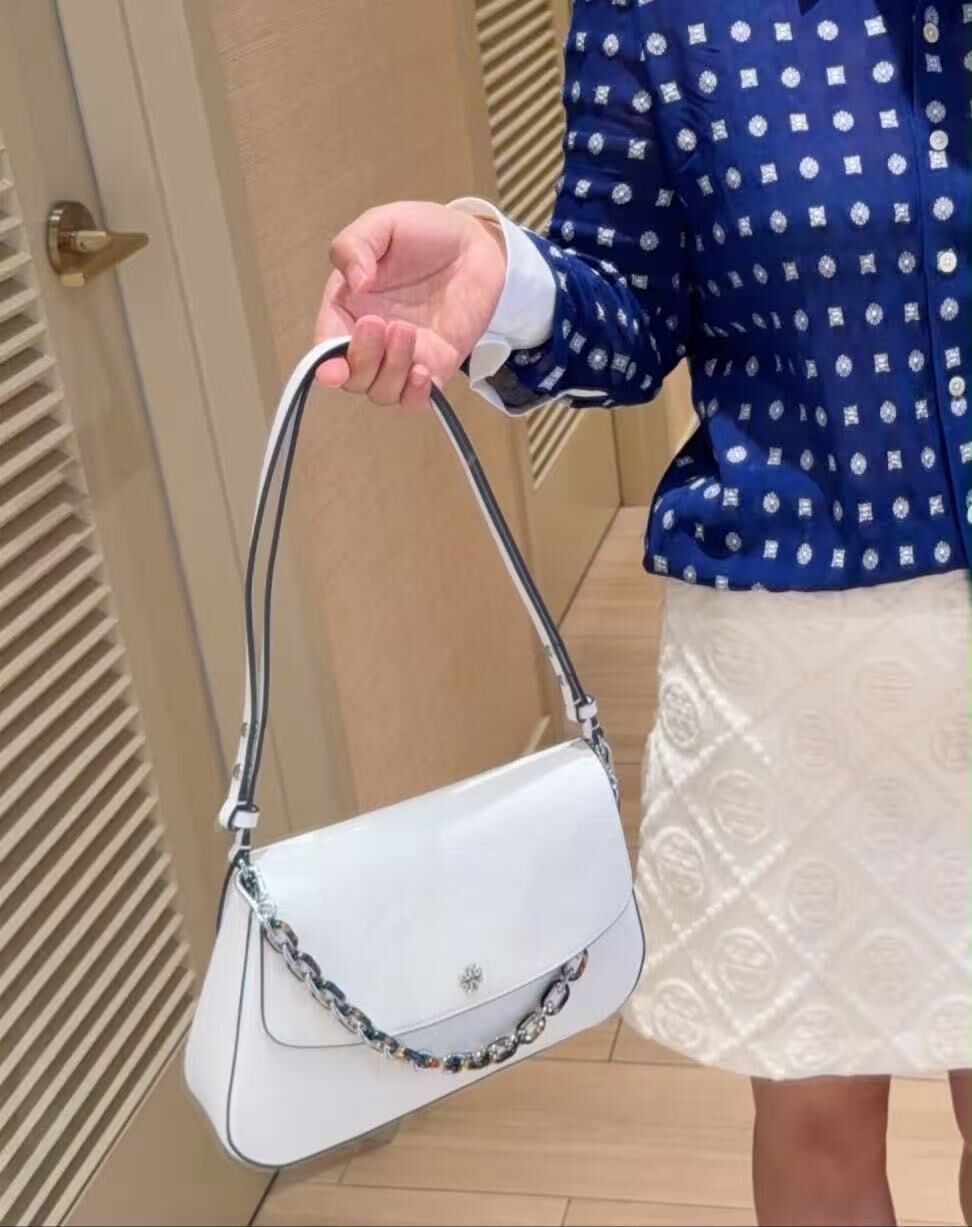【預購】Tory Burch H0808153 Rory Novelty 褶皺漆皮兩用翻蓋肩背包 (象牙白)