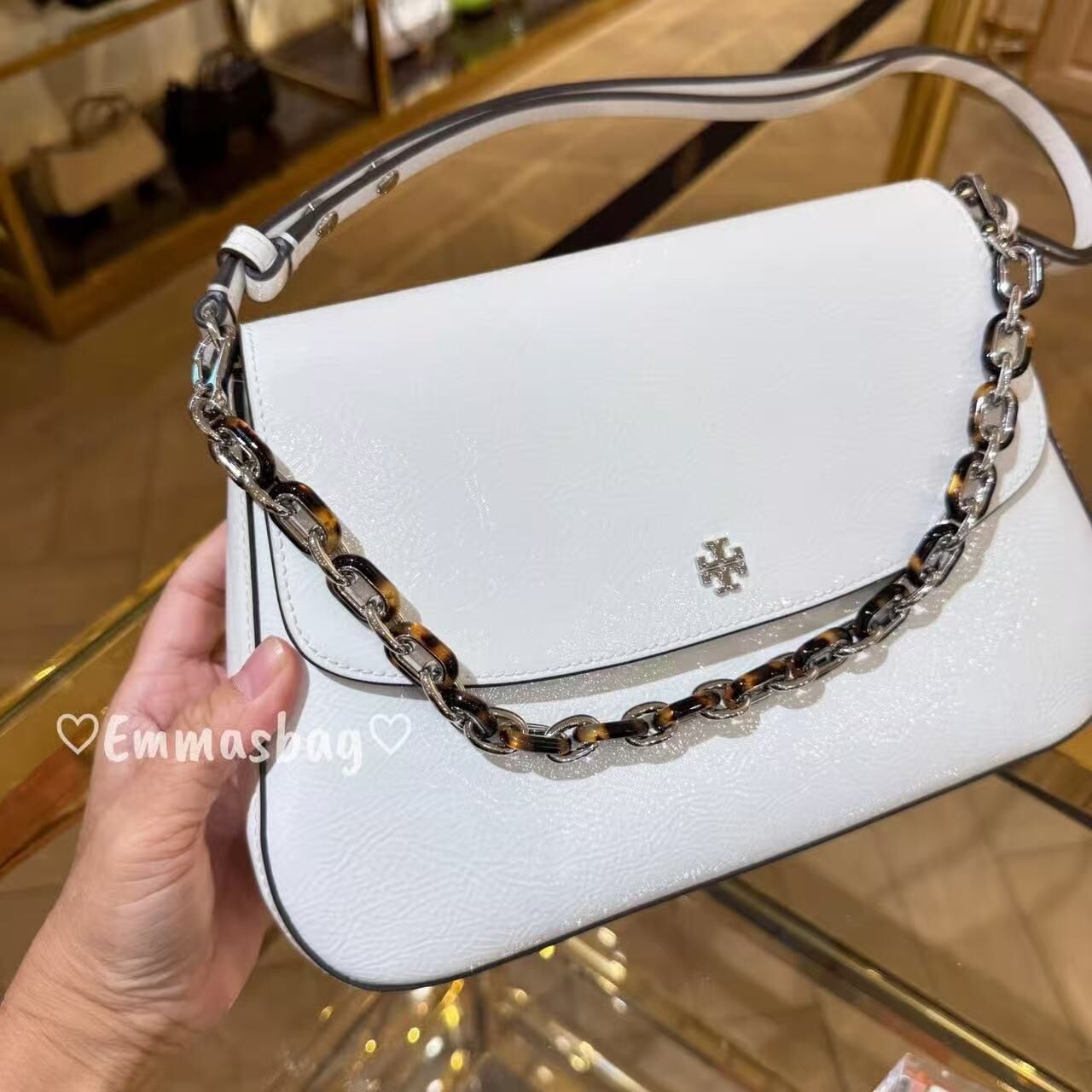 【預購】Tory Burch H0808153 Rory Novelty 褶皺漆皮兩用翻蓋肩背包 (象牙白)