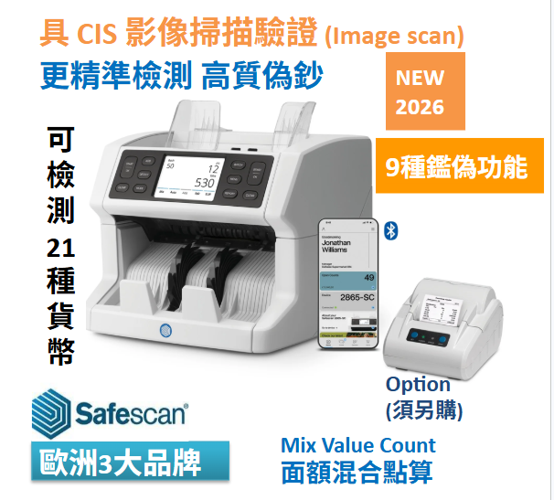 SAFESCAN 2865-SC 數鈔機驗鈔機 (21種貨幣）(混合點算) 混合不同面額並計算總額 (Mix/Value Count) 歐洲三大牌，銀行和政府部廣乏採用(官方直營網上商店 E-Shop)(1年上門保用服務)