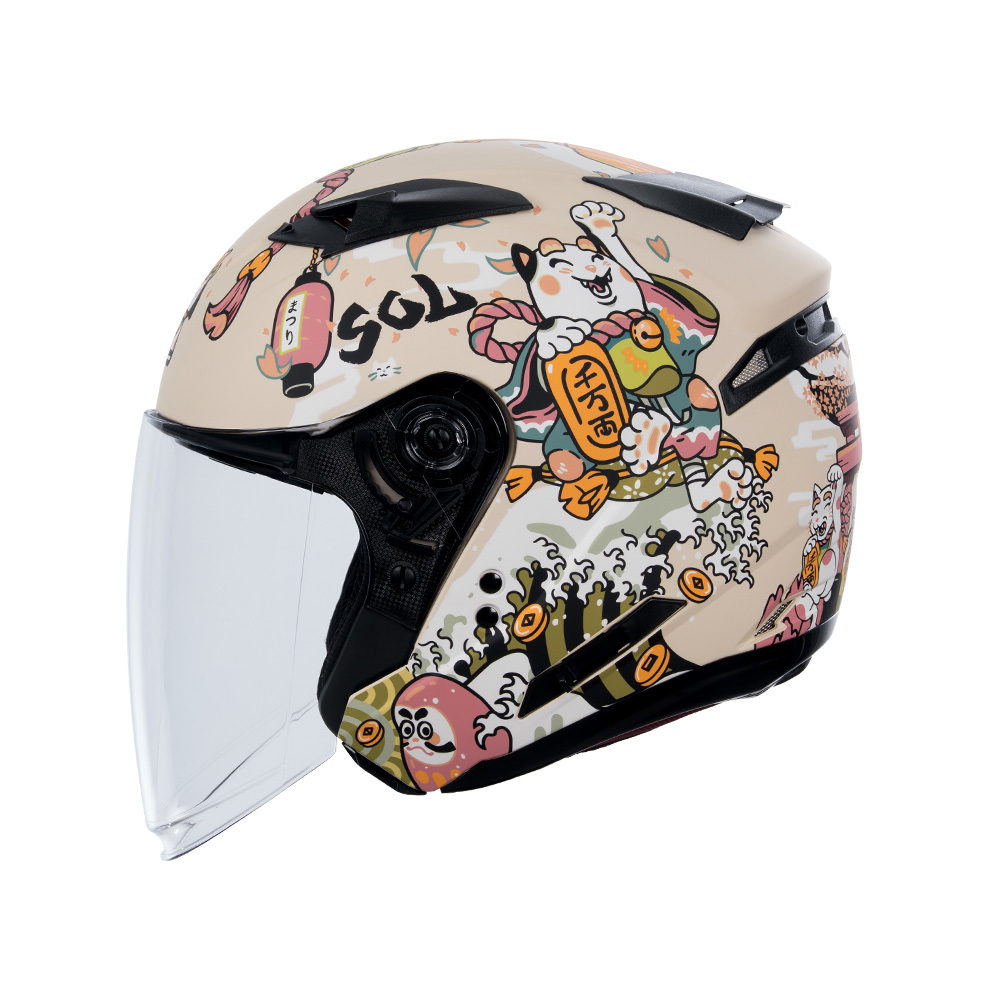 SOL SO-7E 彩繪 招財貓 消光米白/粉 半罩 安全帽 SO7E 排齒扣