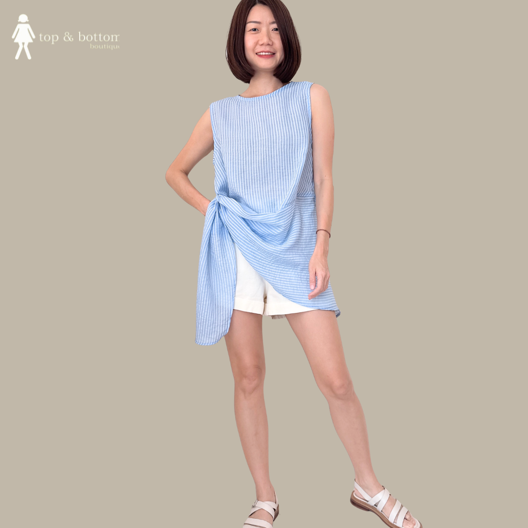 SHEER STRIPED ASYMMETRIC BLOUSE & MIDI SKIRT SET SUIT (2PCS)