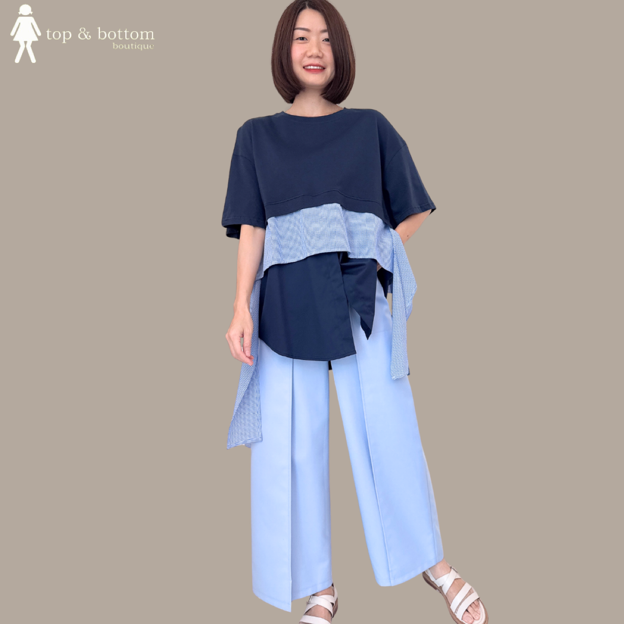 SHORT SLEEVE LONG TEE WITH CHECKED STRIPE