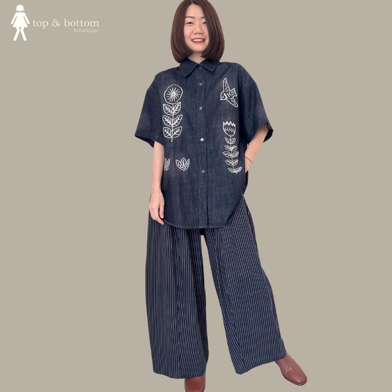 SHORT SLEEVE DENIM EMBROIDERY DETAILED LONG SHIRT