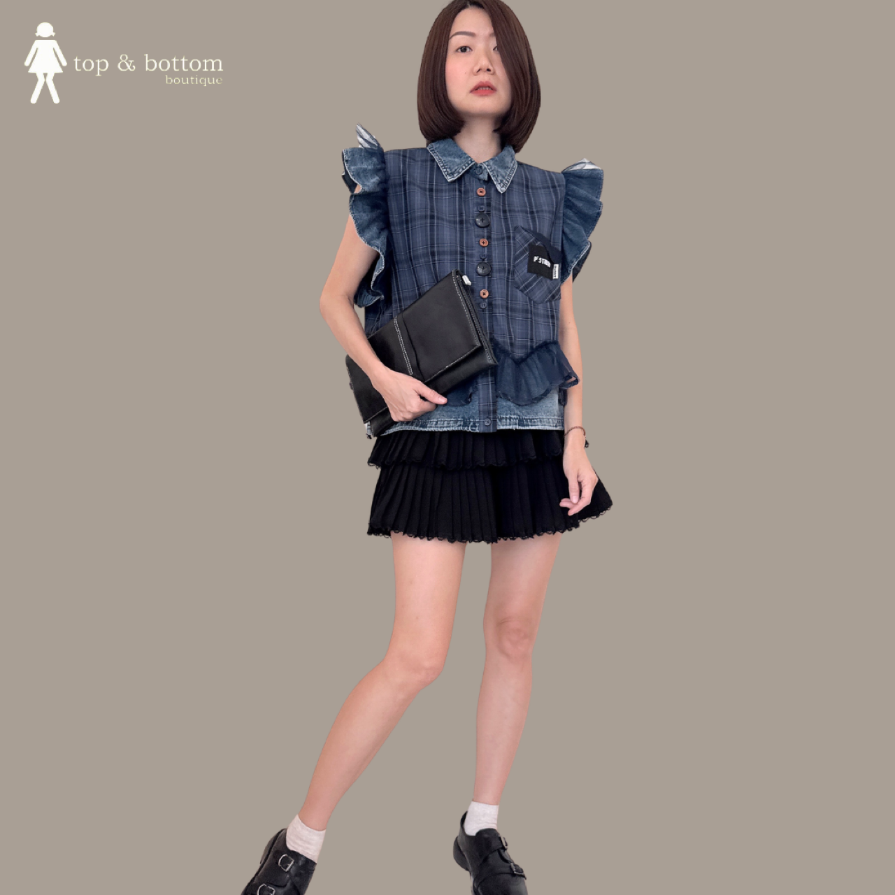 DENIM RUFFLED SLEEVE CHECKED BUTTON BLOUSE WITH LACE SHEER