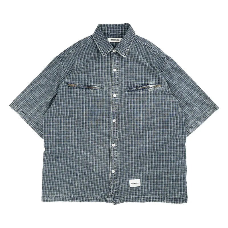 idealism BlueVintage Shirt 水洗格紋短襯 藍色 ID-53 [台灣現貨]
