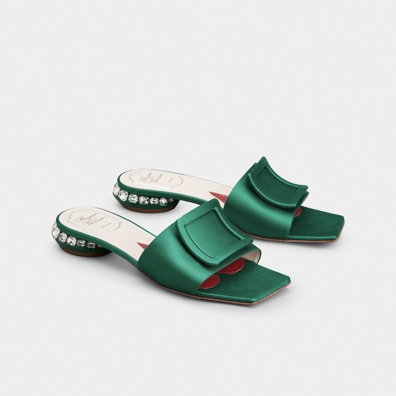 Roger Vivier cover buckle Strass heel mules green satin