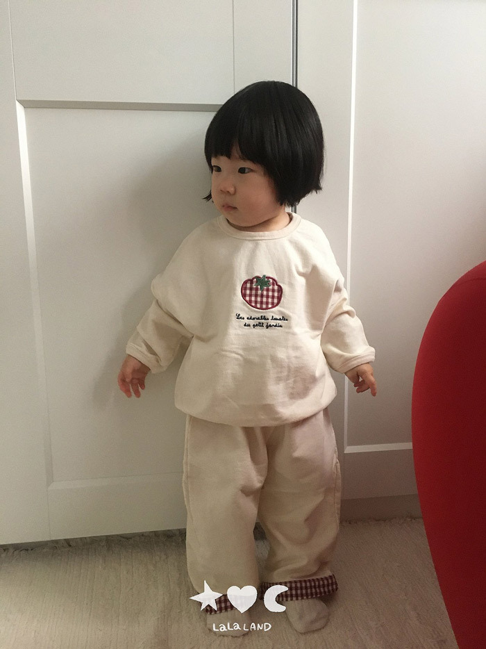 正韓秋lalaland 嫩嬰兩色番茄拼布上衣