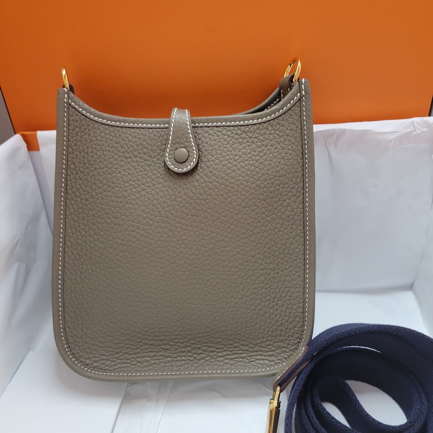HERMES MINI EVELYNE ETOUPE/BLEU INDIGO CC 110 CM