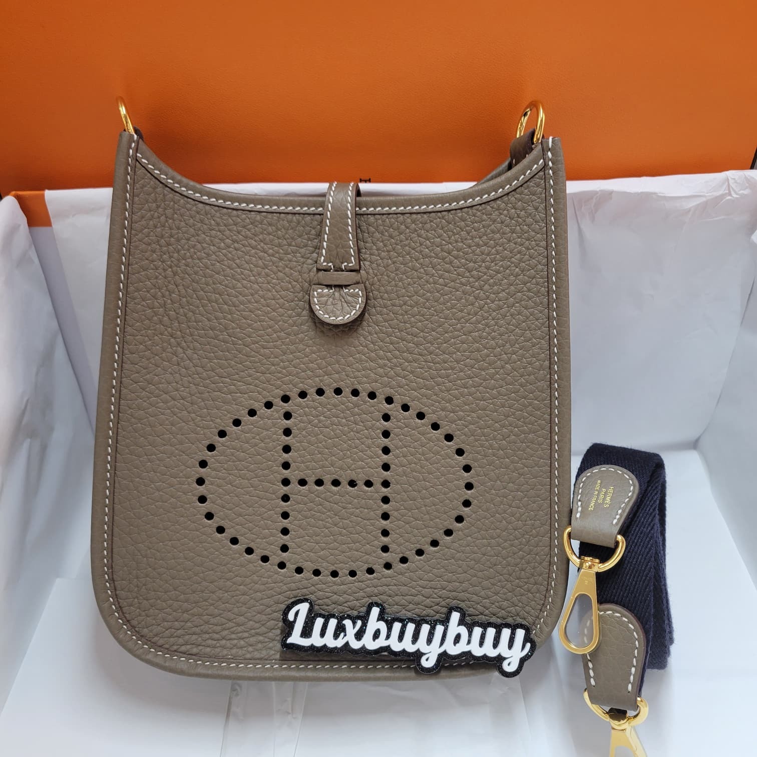 HERMES MINI EVELYNE ETOUPE/BLEU INDIGO CC 110 CM