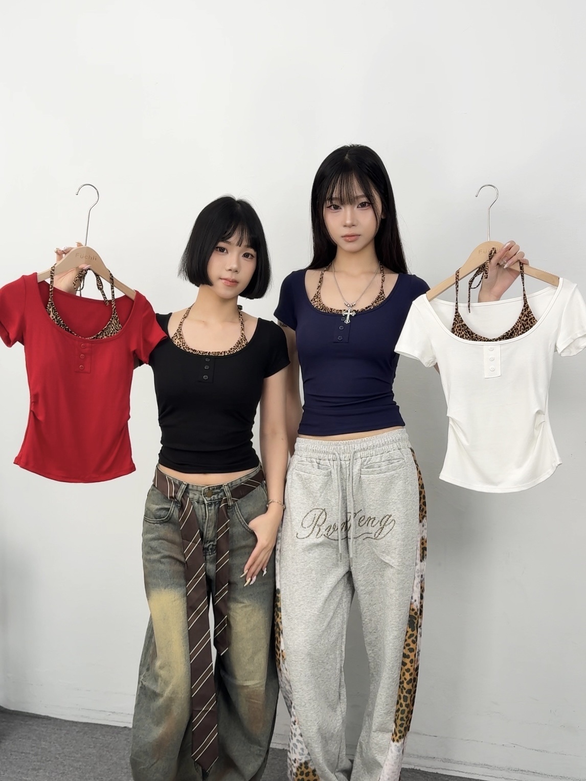 K51辣妹豹紋抓皺假兩件上衣