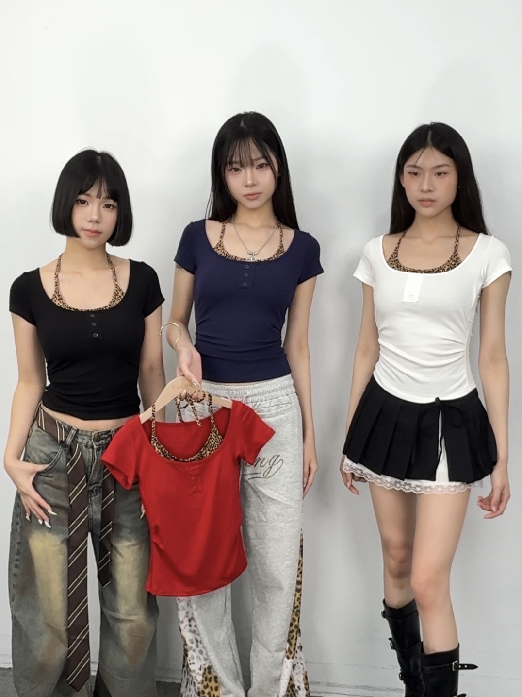 K51辣妹豹紋抓皺假兩件上衣