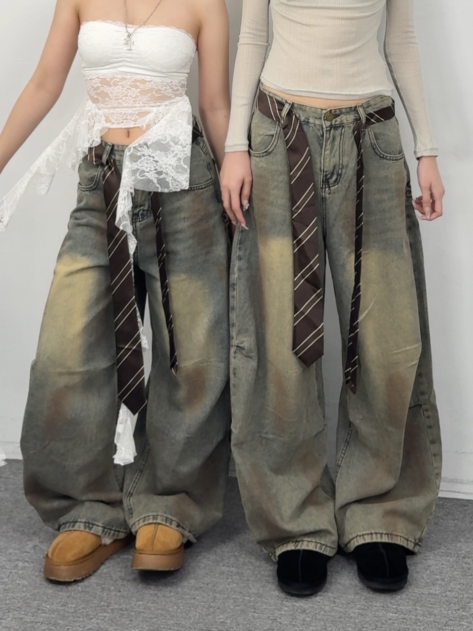 K57現貨復古感刷色彎刀牛仔褲(附領帶)