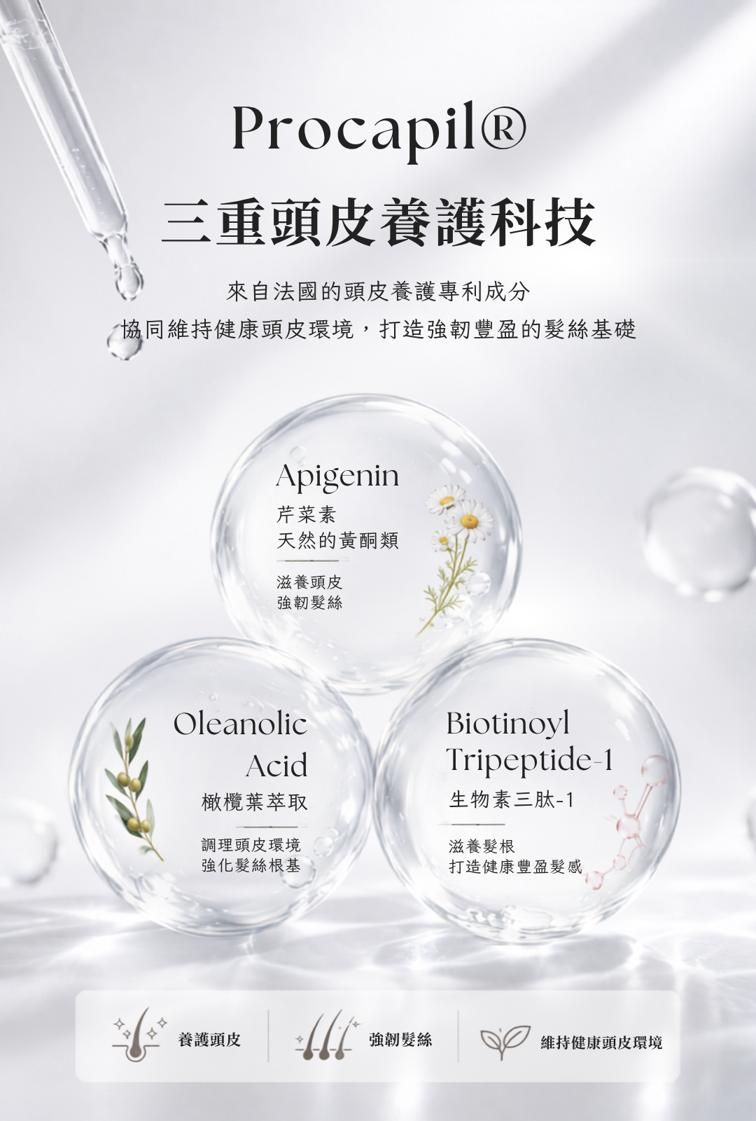 蘊活頭皮水添加 Procapil 頭皮養護配方,含芹菜素、橄欖葉萃取來源成分與生物素三肽-1,打造日常頭皮養護基礎